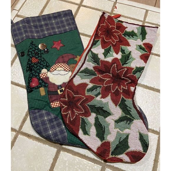 Christmas Santa Stocking And Poinsettia Stocking - Picture 1 of 9